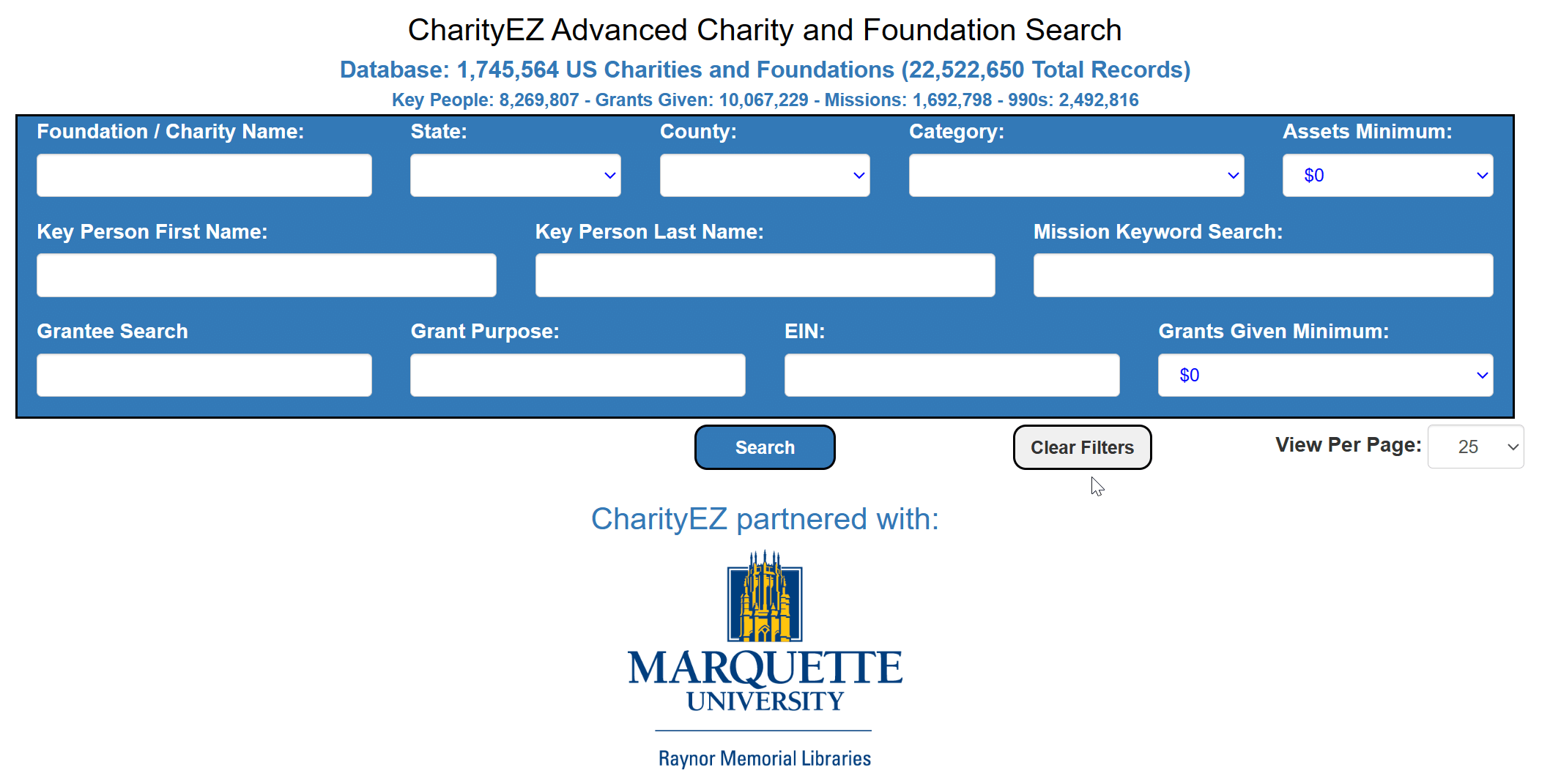 CharityEZ advanced charity and foundation search screen