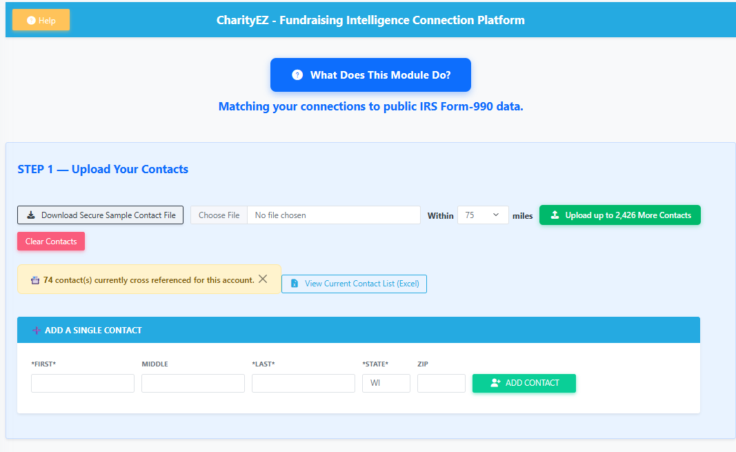 CharityEZ Relationship Intelligence screen for uploading or adding contacts and matching them to public IRS Form 990 data
